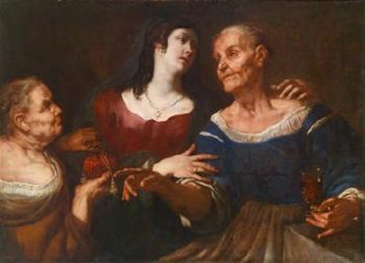 An Allegorical Scene: A young woman between two elderly women being offered a glass of wine or a small bag possibly containing gold or jewels by Italian School