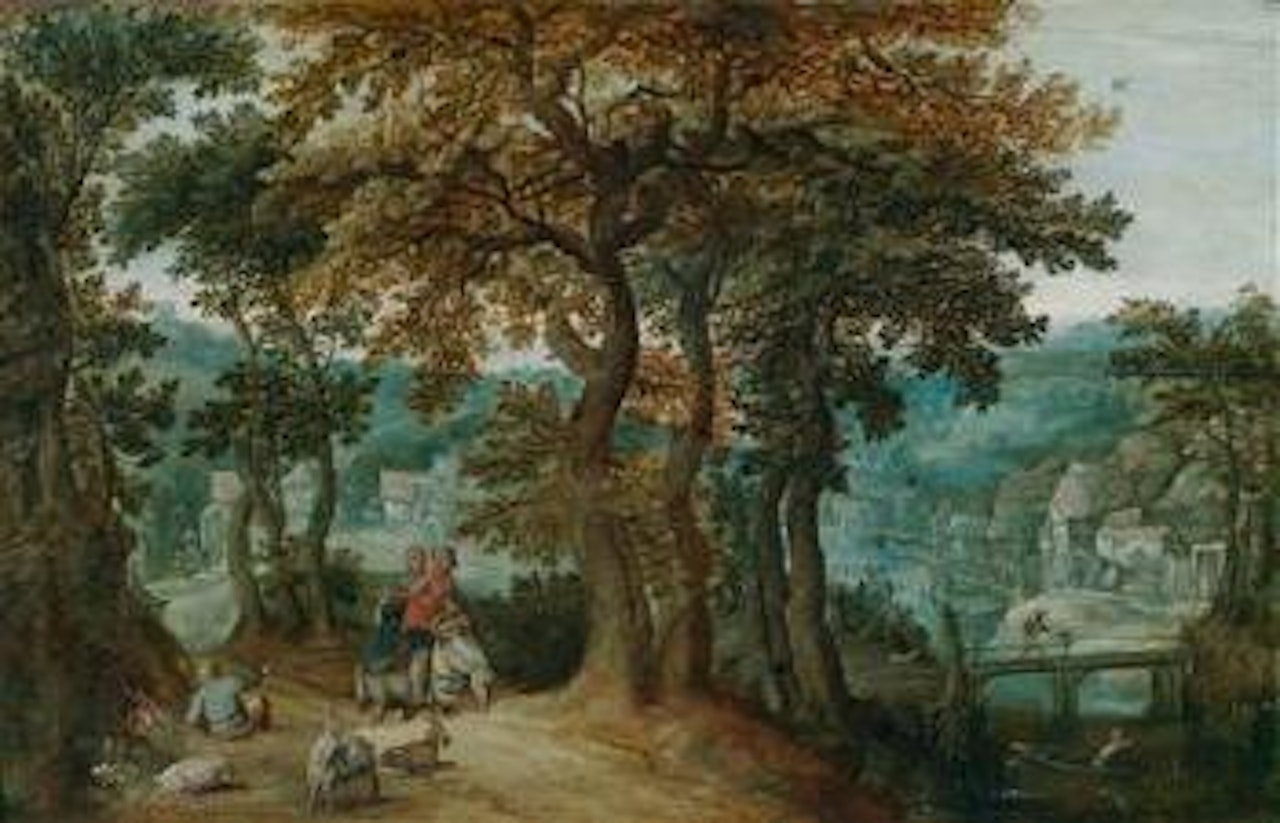 Wooded landscape with a two peasants on their way to the market and a goatherd by Anton Mirou