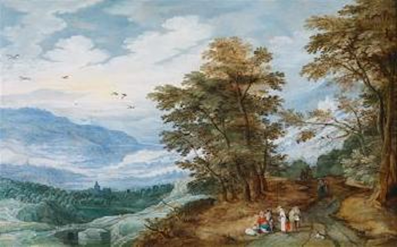 A wide landscape with travellers by Jan Brueghel by Joos de Momper the Younger