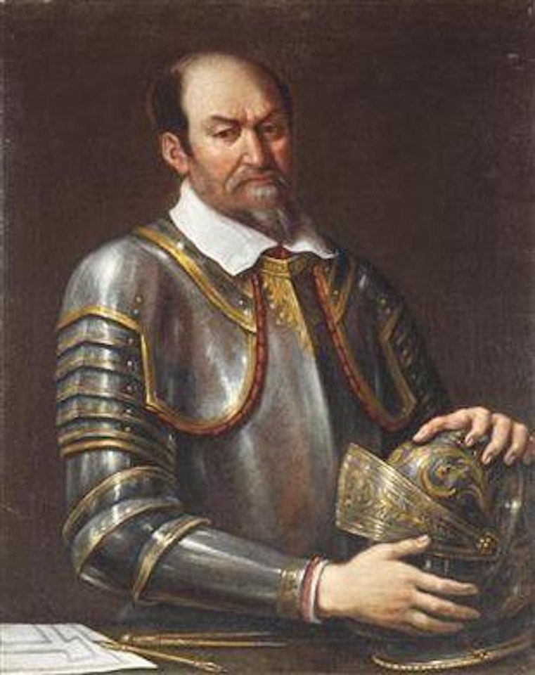 Portrait of a bearded man in an engraved suit of armour, holding a matching helmet in his hands by Guercino