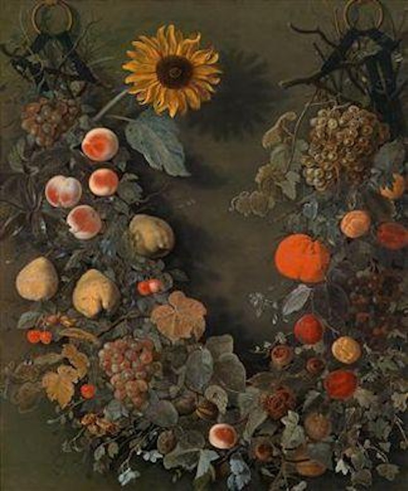A bouquet of flowers with a sunflower and fruit by Cornelis Kick