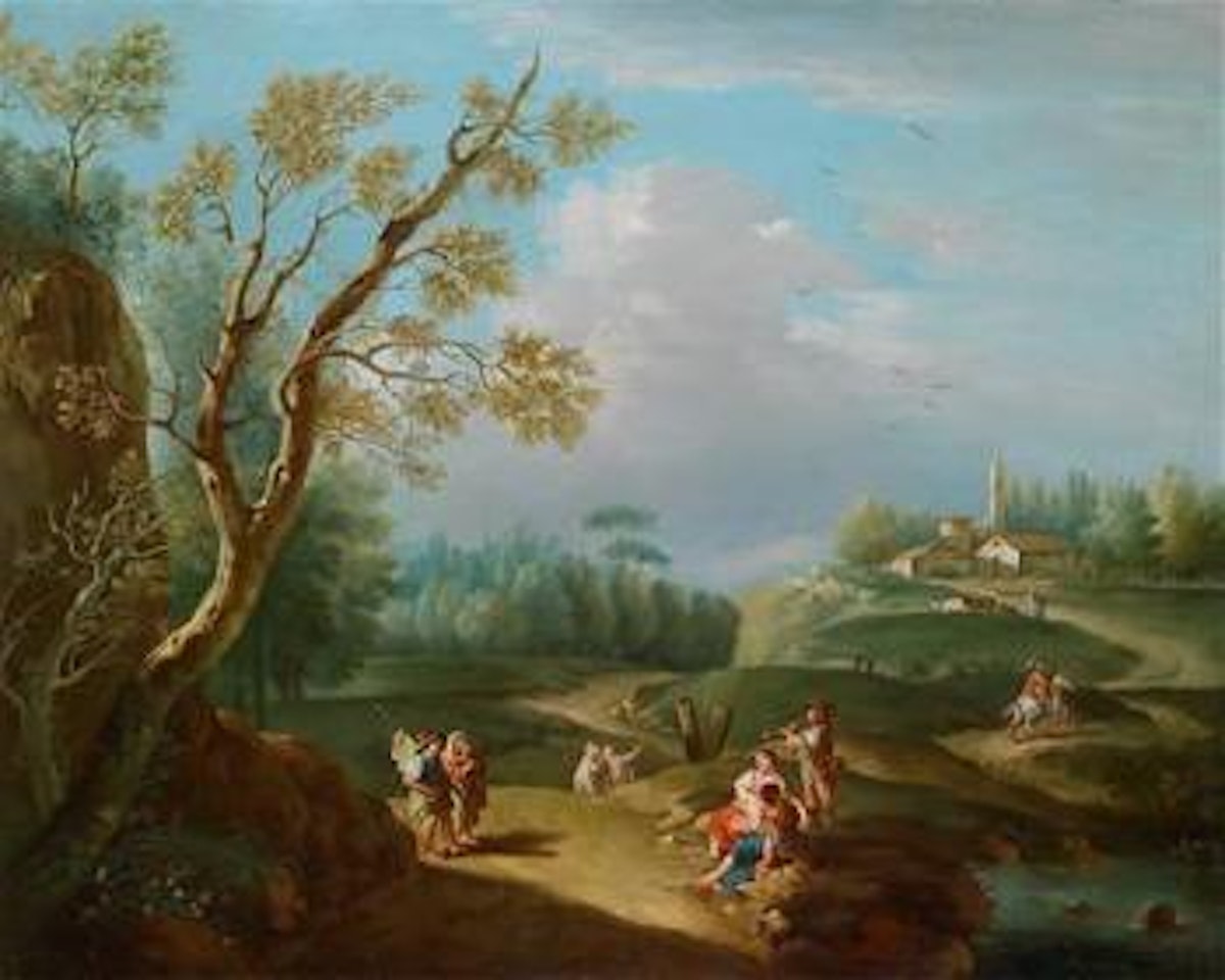A wide landscape with shepherds and musicians by Francesco Zuccarelli