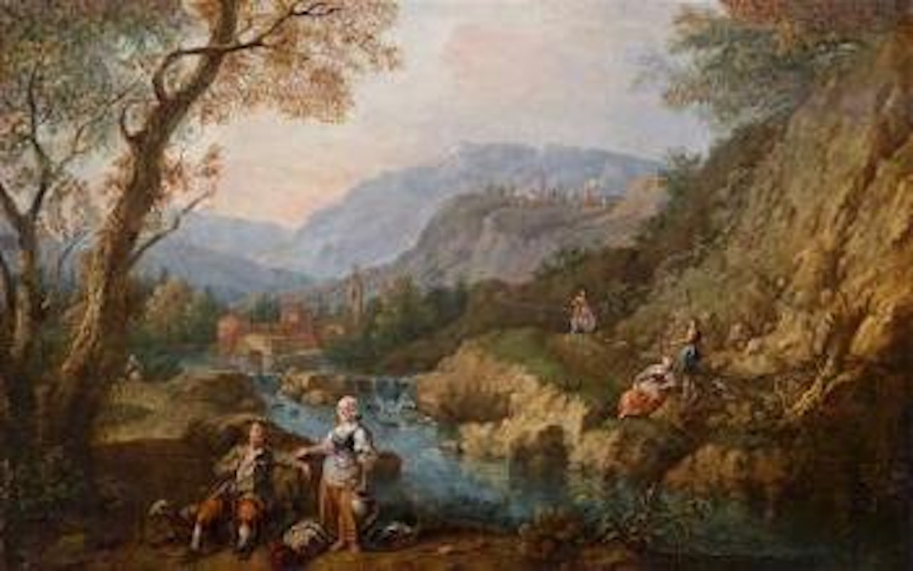 Mountainous river landscape with figures, paesaggio roccioso con figure. River landscape with horsemen, paesaggio con fiume e cavalieri, pendants by Francesco Zuccarelli