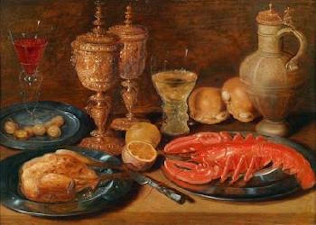 Still life with boiled lobster, a hen, glasses, gilded goblets and a stoneware pitcher by German School