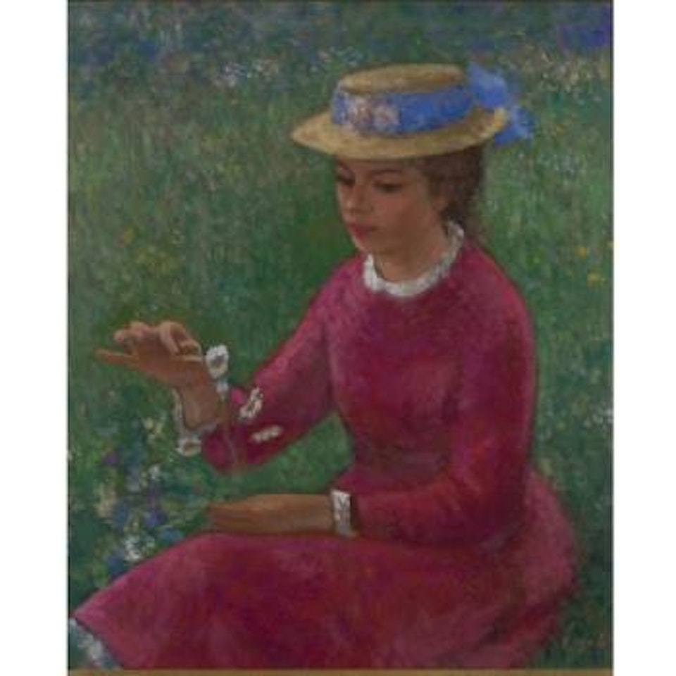 Elisabeth-anne En Rouge Composant Un Bouquet De Marguerites Dans Un Pré by François Gall
