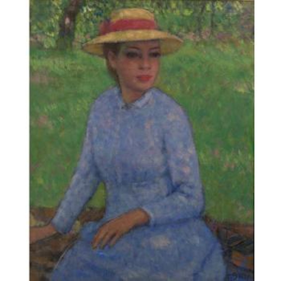 Eugénie Au Chapeau De Paille, Assise Dans Un Pré by François Gall
