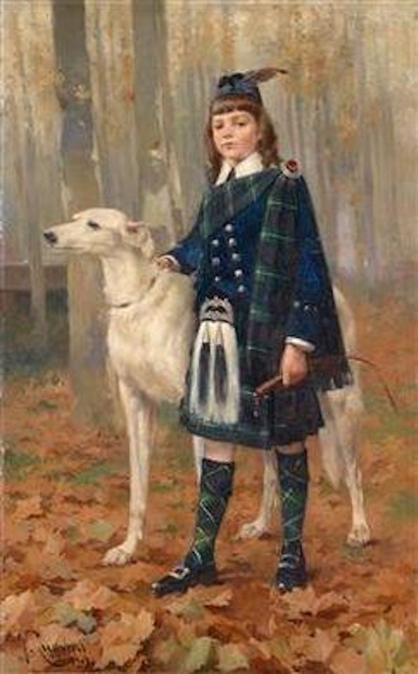 Boy in Tartan with his true companion, a Chart Polski by Jose Cusachs Y Cusachs