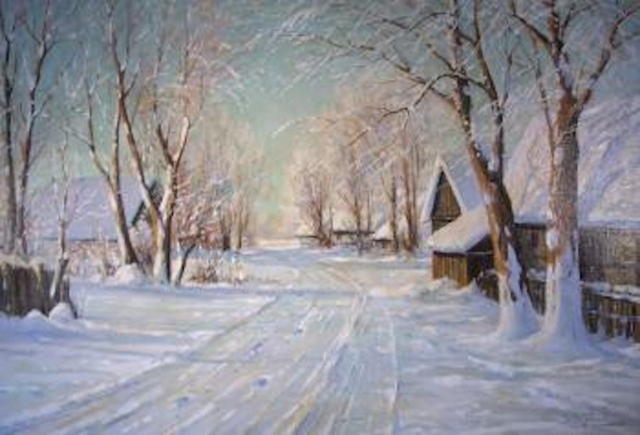 Winterliche Landschaft mit verschneiten Katen im sonnigen Licht by Walter Moras
