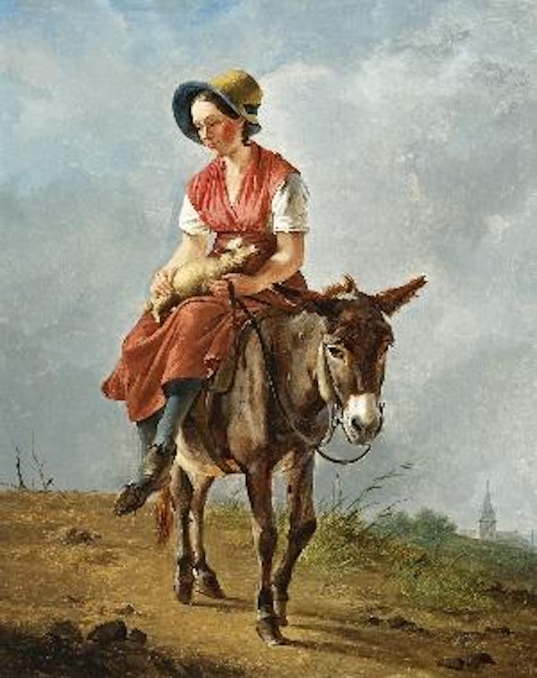 Herderinnetje op haar ezel - Bergere sur son ene by Eugène Joseph Verboeckhoven