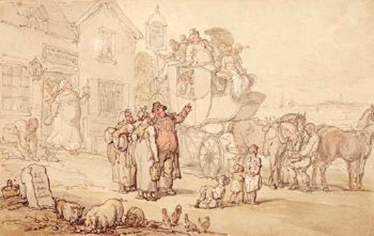 Coach and figures outside an inn by Thomas Rowlandson