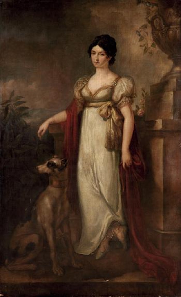 Portrait de dame en robe blanche avec son dogue dans un paysage by French School by François Gérard