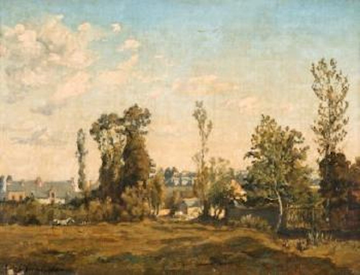 Cheval gris dans un pré bordant un village by Henri Harpignies
