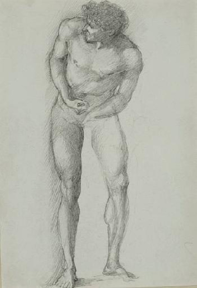 A study of a male nude for Helen Captured; Troy in Flames for The Troy Triptych by Edward Coley Burne-Jones