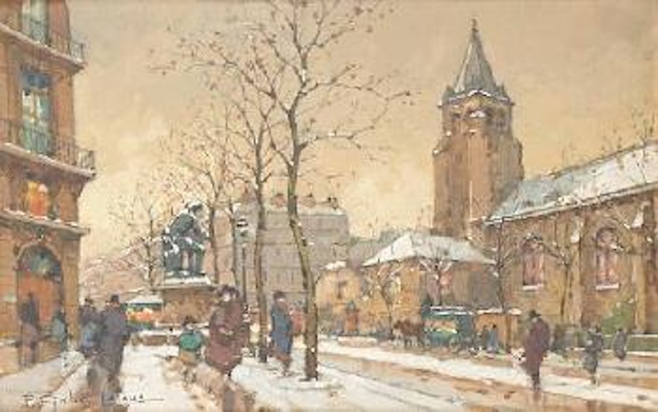 The flower market at La Madeleine. La Place du Châtelet. A street scene in winter by Eugene Galien-Laloue