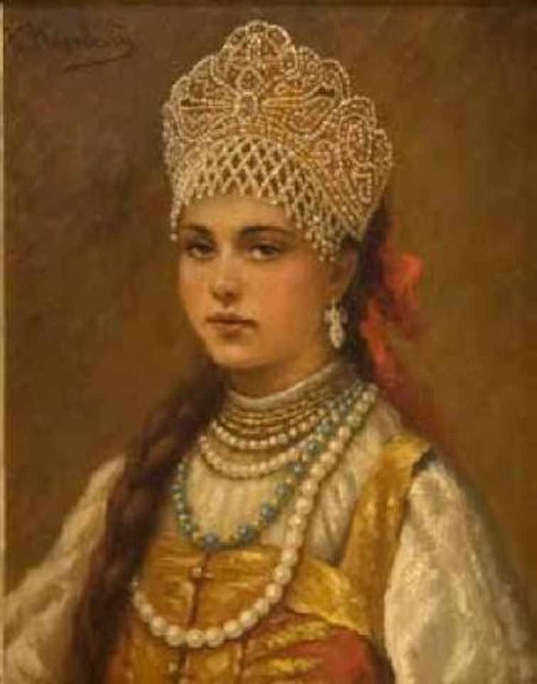 Portrait d'une jeune fille en tenue traditionnelle by Konstantin Makovsky