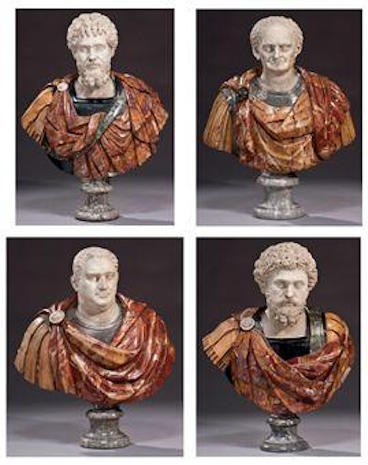Quatre Bustes En Marbre Polychrome Representant Les Empereurs Romains Marc Aurelius, Septimus Severus, Titus Et Vitellius by Italian School