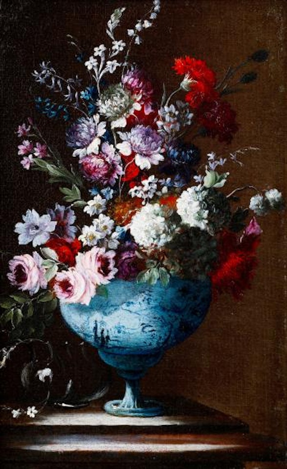 Roses, carnations, jasmine and other flowers in a blue and white porcelain vase on a stone ledge. Roses, peonies, jasmine and other flowers in a blue and white porcelain vase on a stone ledge by Gasparo Lopez