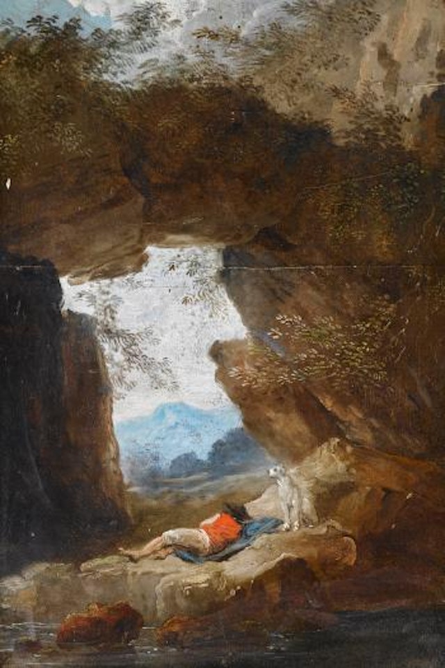 A young man and his dog resting on rocks beside a river by Hubert Robert
