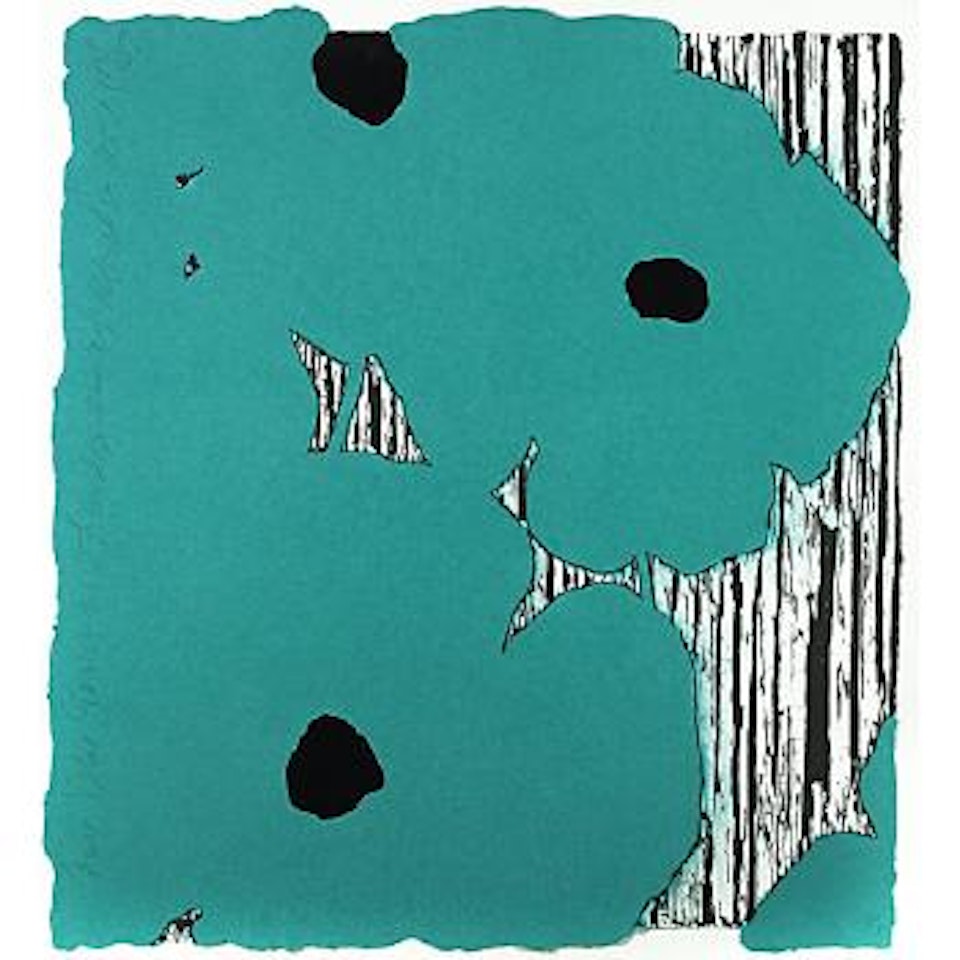 Five blue flowers with flocked centers by Donald Sultan