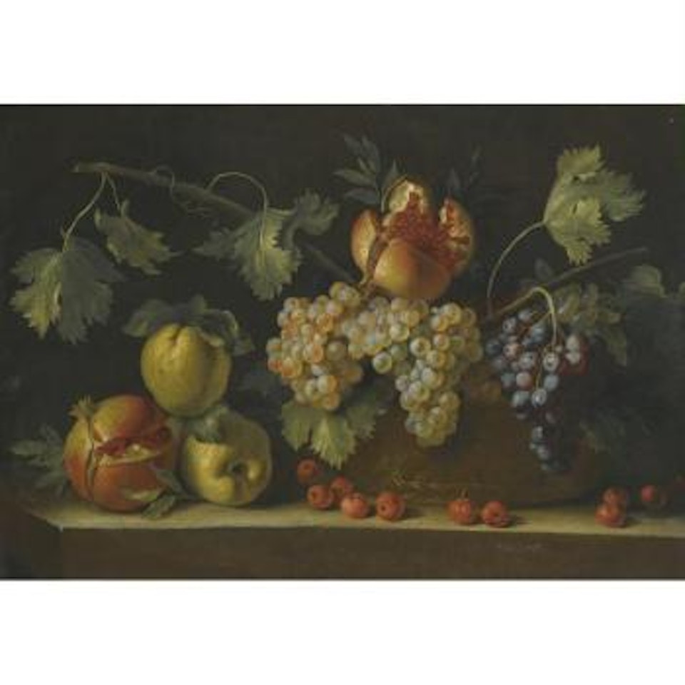 A Still Life With Green And Black Grapes In A Basket, Pomegranates, Apples And Cherries, All On A Stone Ledge by Roman School