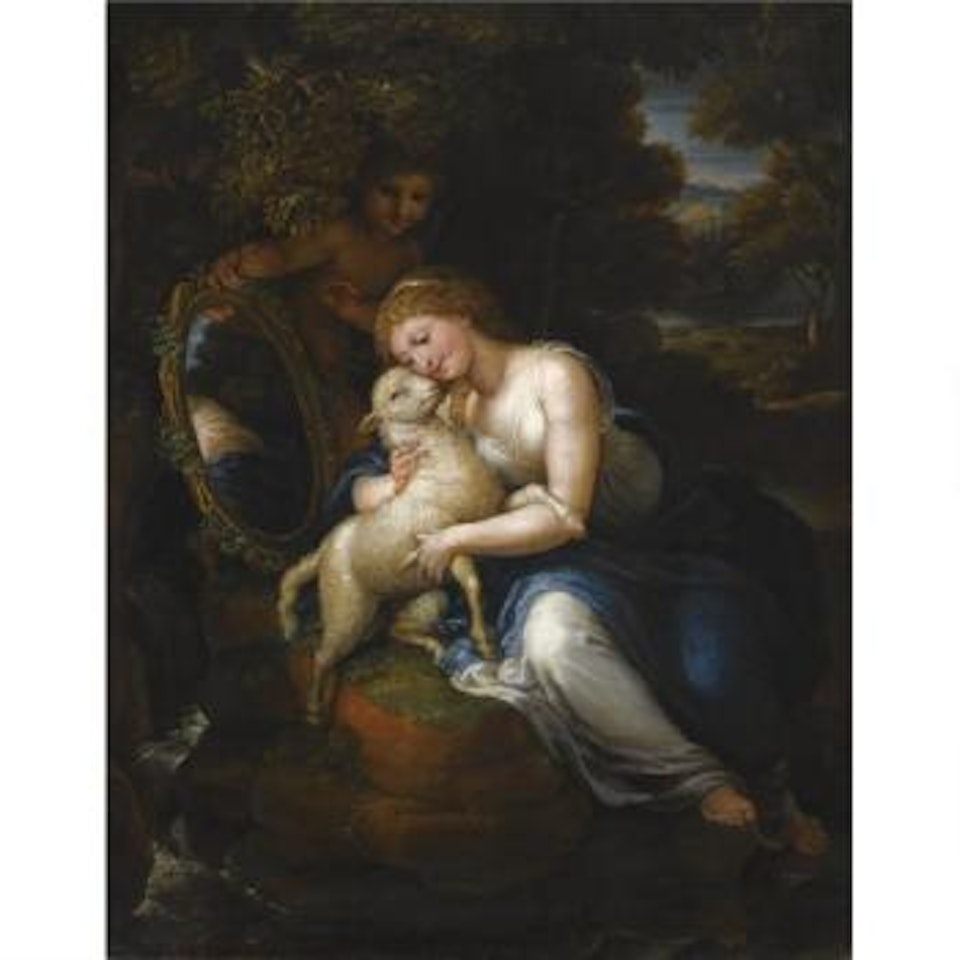 A Lady Playing With A Lamb, With A Putto Holding Up A Mirror, A Landscape Beyond by French School
