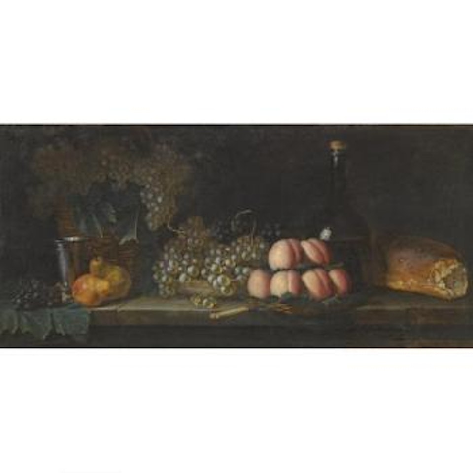 Still Life With Fruit Bread And A Wine Bottle by French School