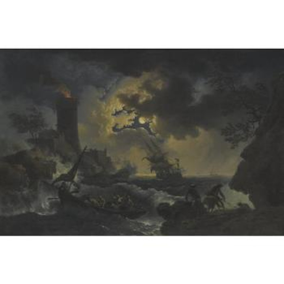 A Coastal Scene With A Ship, A Sailing Boat, A Lighthouse And Fisherman Landing Their Catch By Moonlight by Claude Joseph Vernet