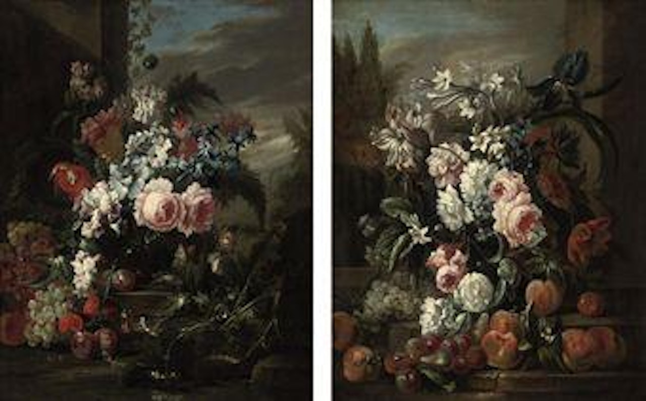 Roses, parrot tulips, carnations and other flowers in a glass vase with peaches and grapes on a ledge in a landscape; and Roses, lilies, narcissi and other flowers in a glass vase with peaches, pears and plums in a landscape by French School