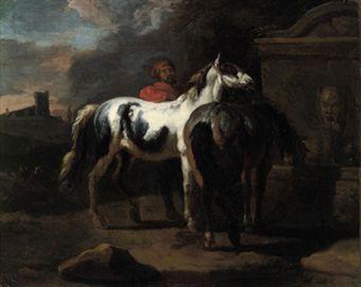 Horses watering at a classical fountain by Pieter van Bloemen