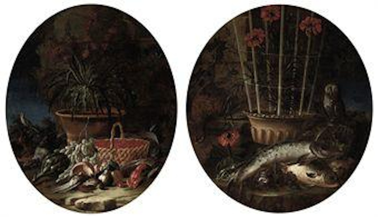 A flowering cactus, a wicker basket of cherries, dates, pears, mushrooms, a lobster, an artichoke, fish and birds in a landscape; and flowers in a sculpted urn, fish, an owl and a pheasant beside ruins in a landscape by Neapolitan School