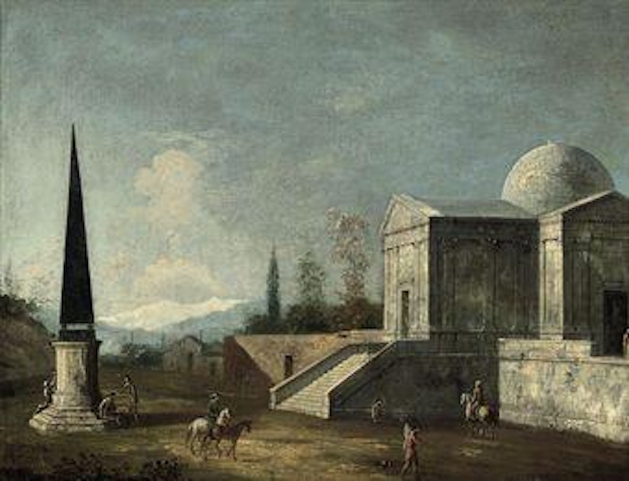 A Palladian villa, with figures beneath an obelysk by Apollonio Domenichini