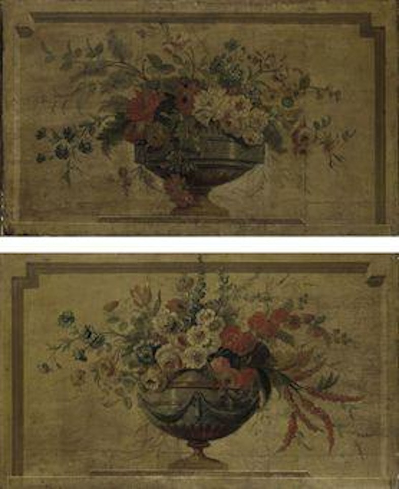 Roses, hydrangea and other flowers in a sculpted urn in a niche; and Roses, parrot tulips and other flowers in a sculpted urn in a niche by French School