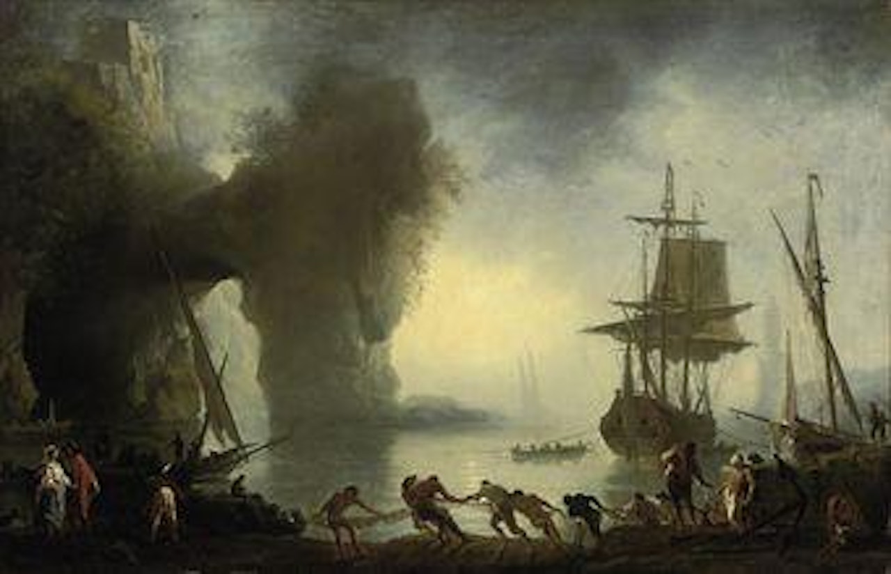 A Mediterranean coastal inlet with fishermen bringing in their nets, shipping beyond by Claude Joseph Vernet