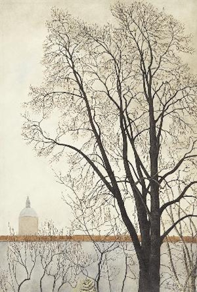 De boom voor de muur en het torentje - L'arbre devant le mur et la tourelle by Léon Spilliaert