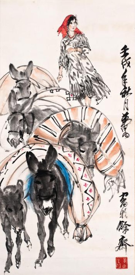 Girl and donkeys by Huang Zhou