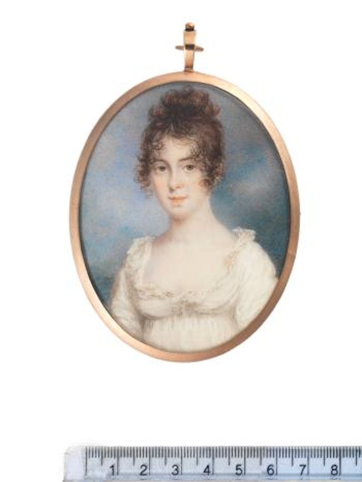 A lady wearing white dress with frilled trim by William Sherlock