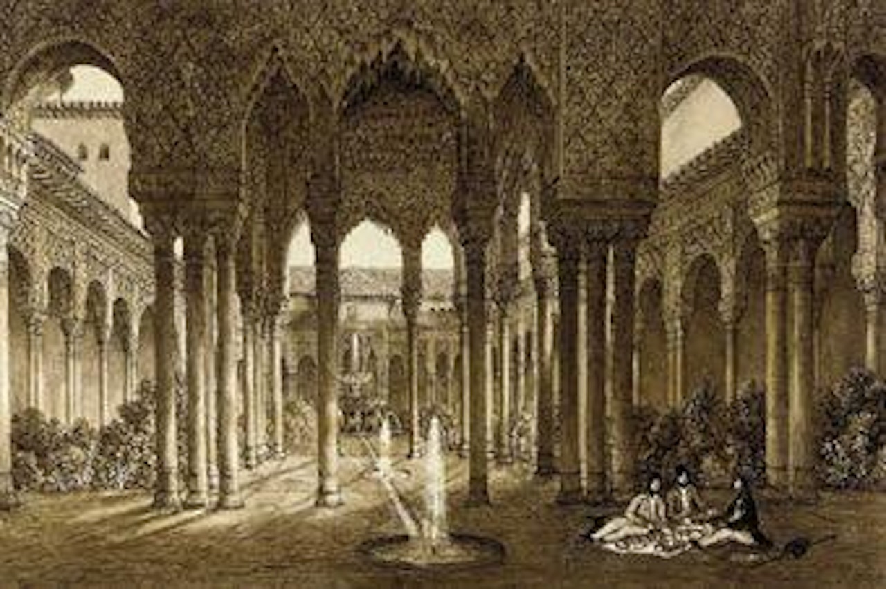 View of the Court of the Lions, The Alhambra, Granada, Spain (illustrated); and View of Liria in the Province of Valencia, Spain by Thomas Allom