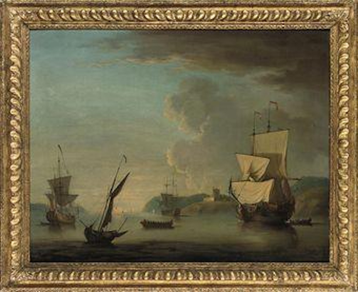 Men-o'war and other craft becalmed in an anchorage, traditionally identifed as the Carrick Roads, with St. Mawes Castle on the bluff beyond by Peter Monamy by Francis Swaine