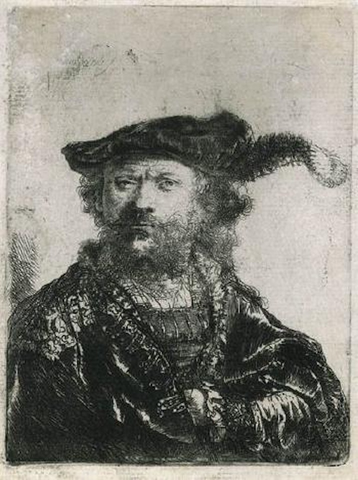 Self portrait in a velvet cap and plume by Attributed to Rembrandt Harmensz van Rijn