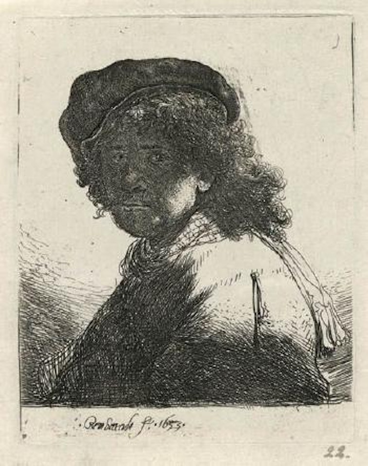 Self portrait in a cap and scarf with the face dark: bust by Attributed to Rembrandt Harmensz van Rijn