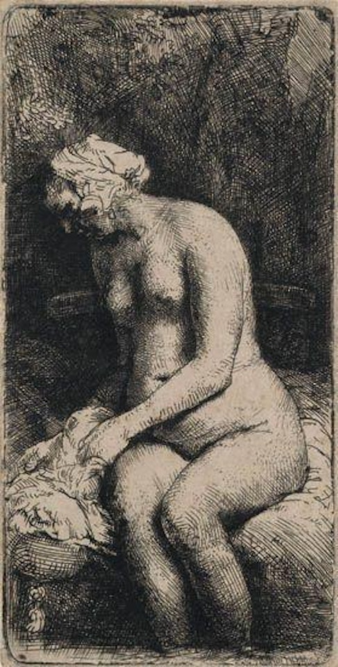 Woman bather her feet at a brook by Attributed to Rembrandt Harmensz van Rijn
