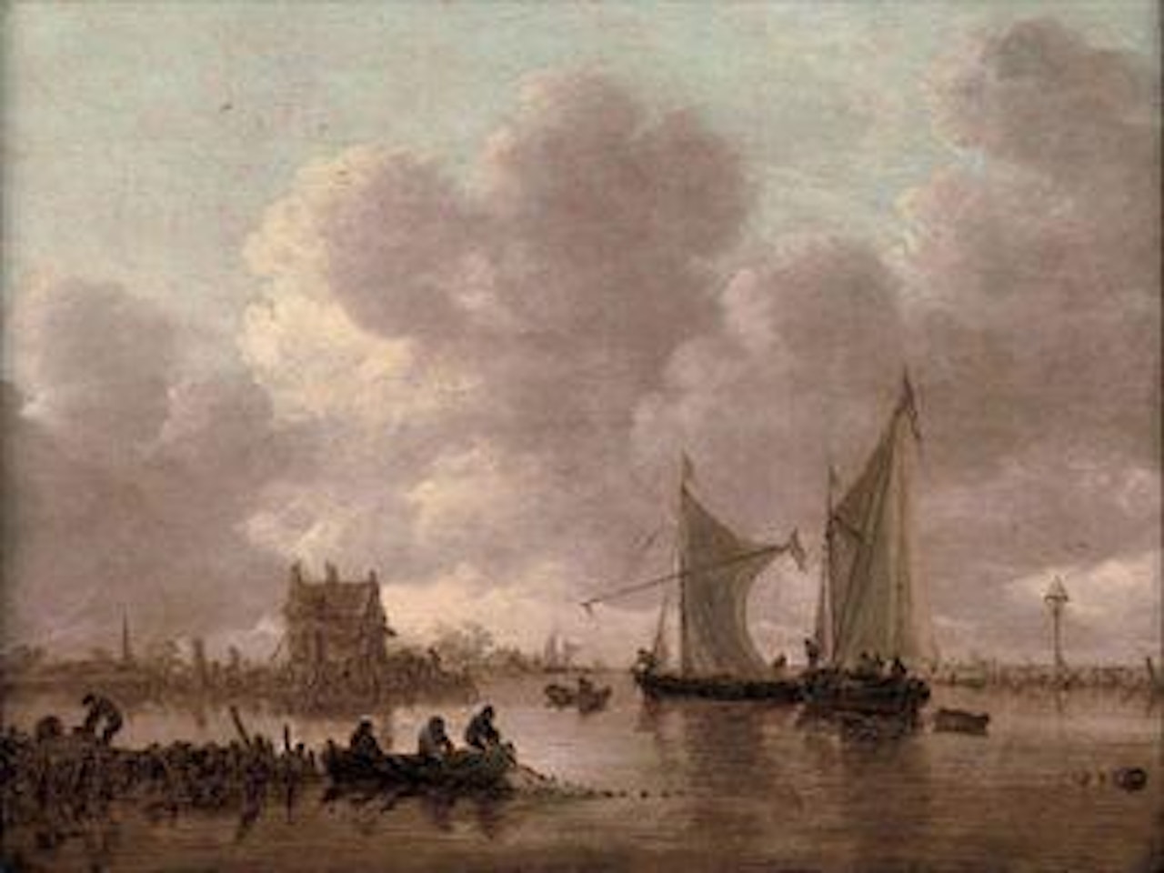 Smalschips on the Kil near the Oude Wachthuis with fishermen raising a net off a jetty, the Grote Kerk at Dordrecht beyond by Jan van Goyen