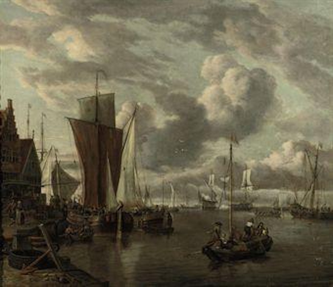 Quayside with extensive shipping by Abraham Storck