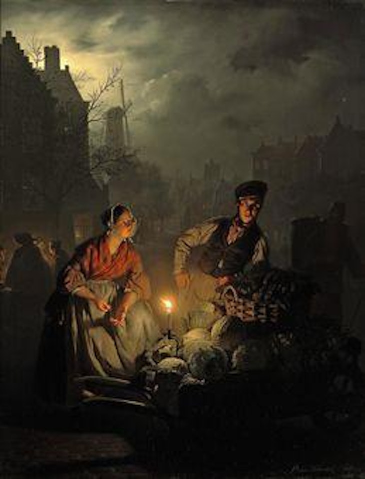 Selling vegetables at the night market by Petrus van Schendel