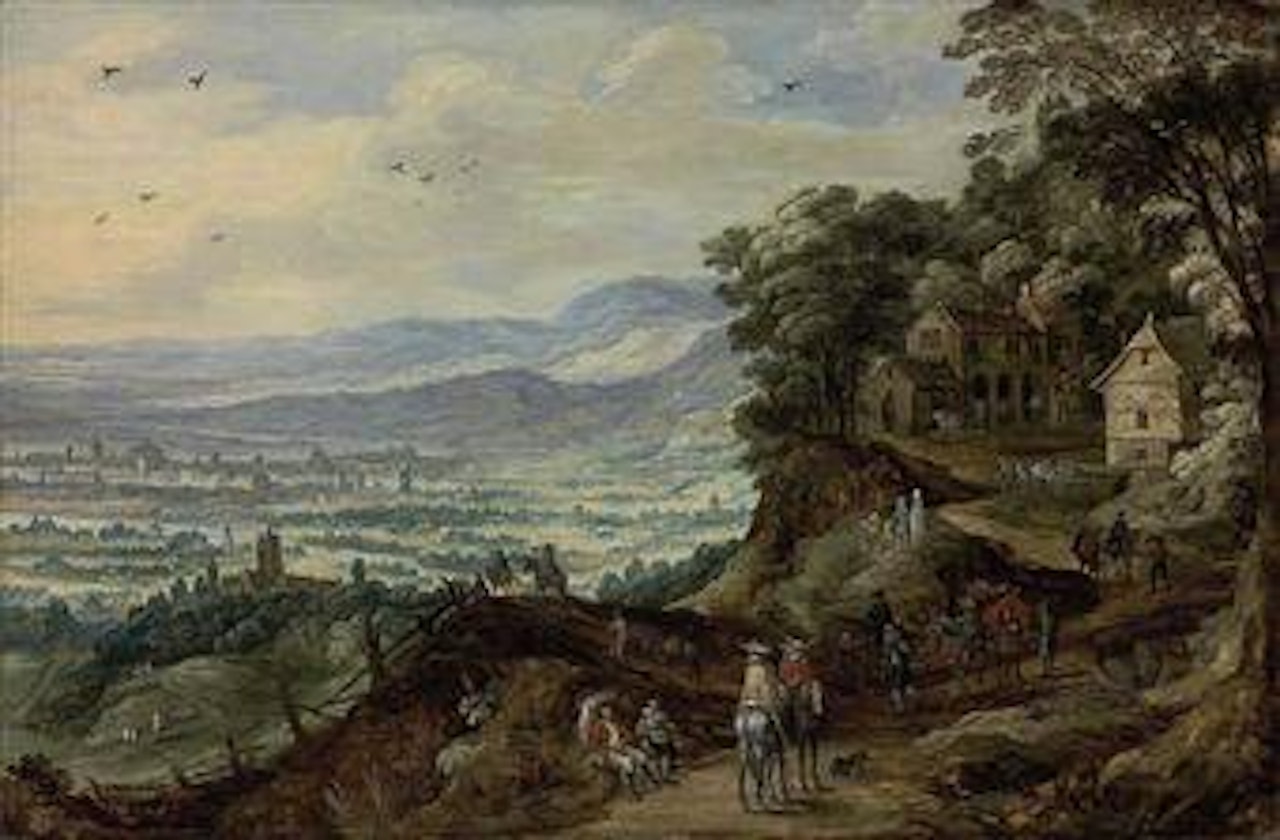 An extensive landscape with travellers near a mountain village by Joos de Momper the Younger