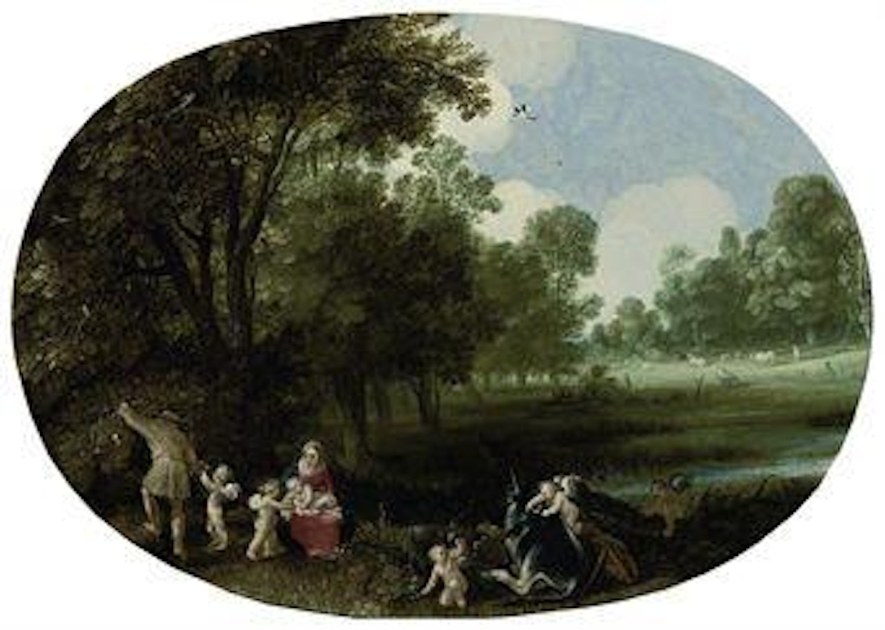 A wooded river landscape with the Rest on the Flight into Egypt by Adriaen van Stalbemt