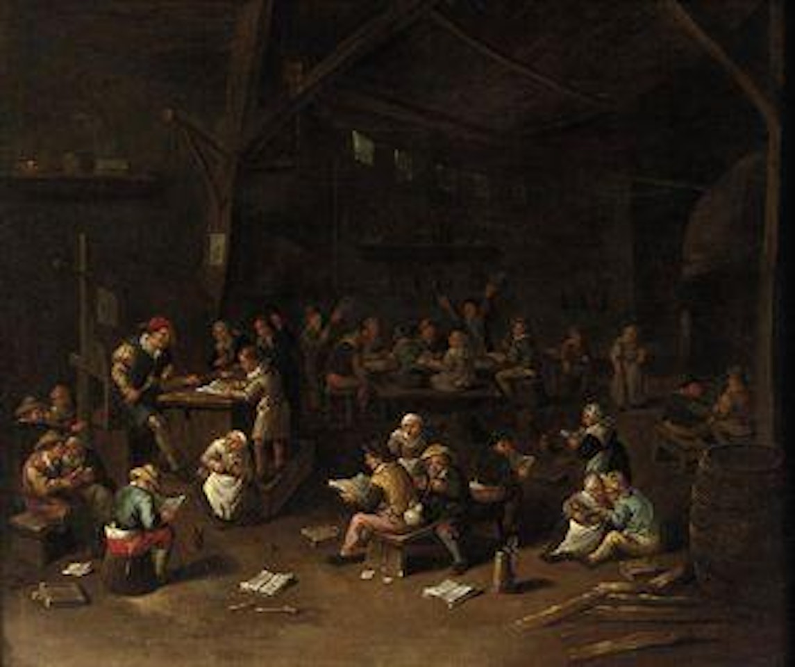 A school interior with children learning to read and write by Egbert van Heemskerk III