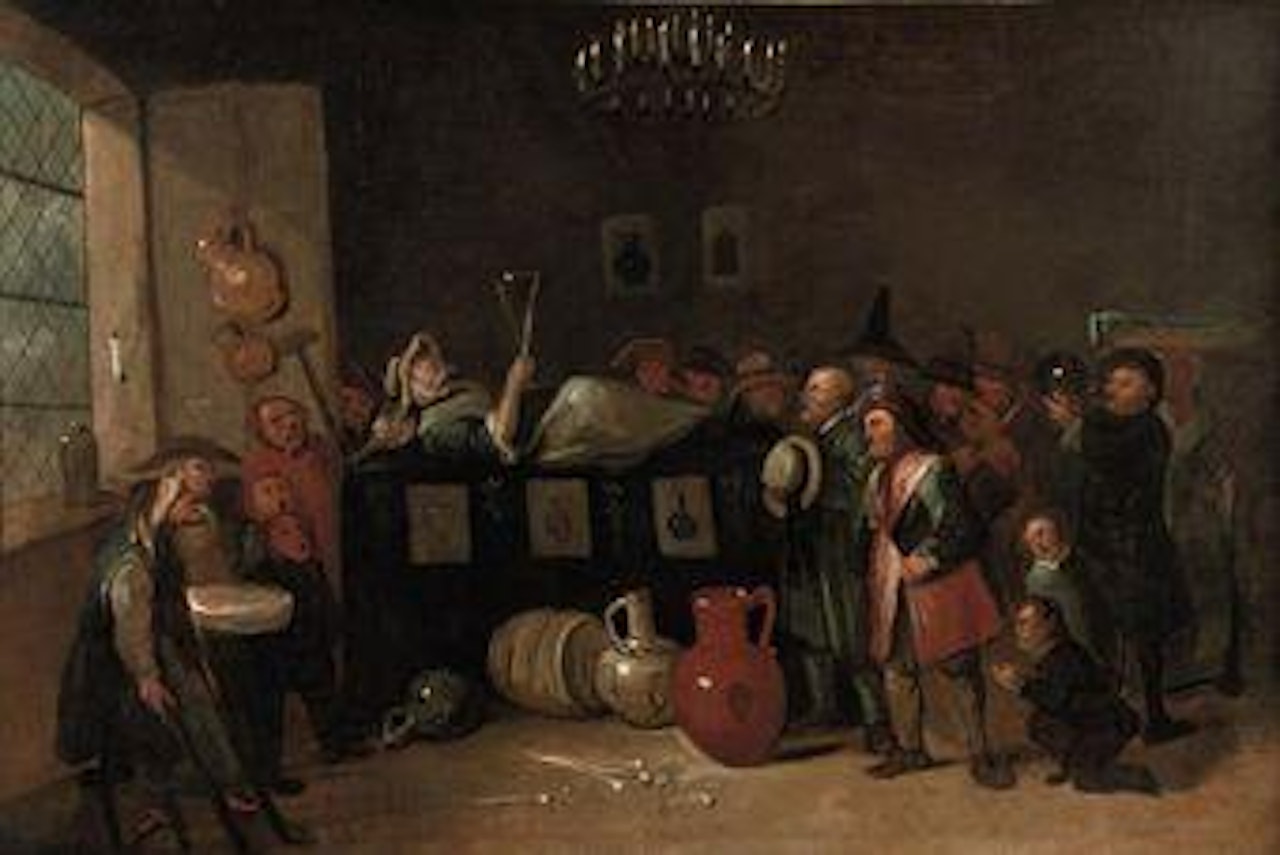 Smoking and drinking boors paying tribute to a peasant woman on her death bed holding a large glass: an Allegory of the effects of alcohol and tobacco by Egbert van Heemskerk III