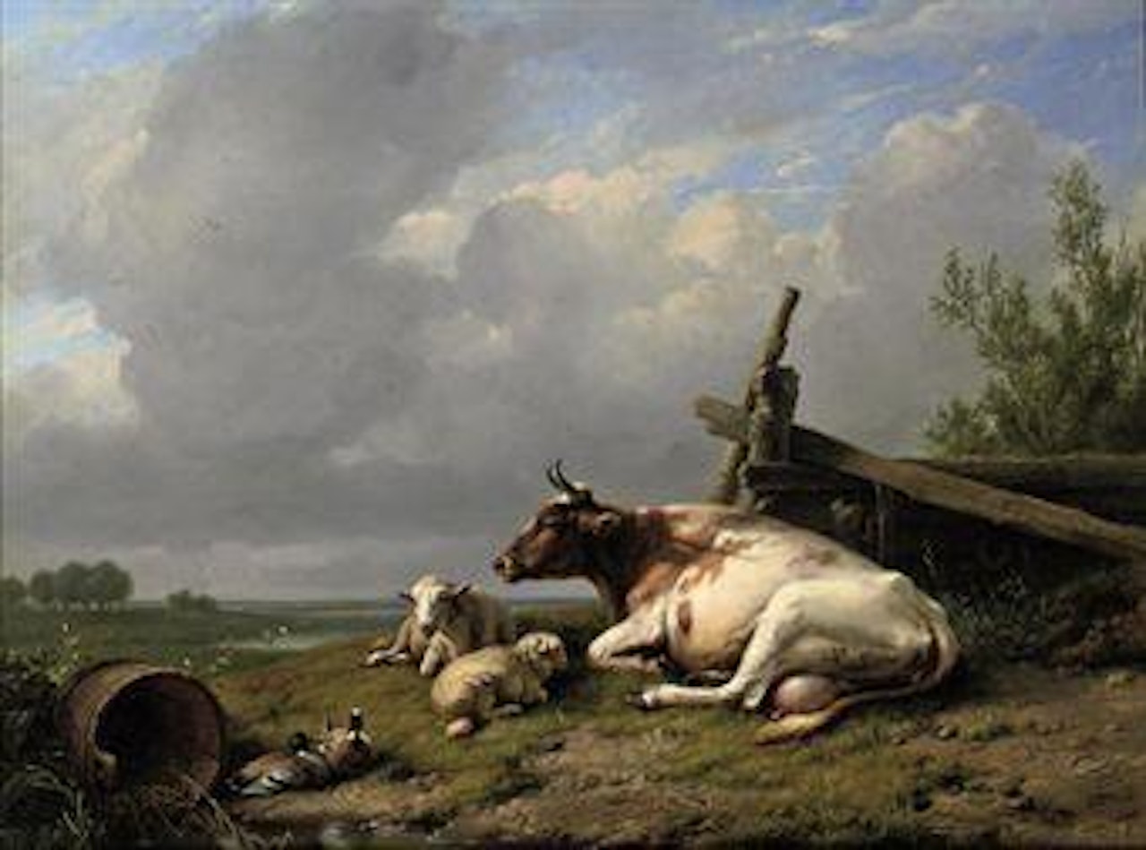 A cow, sheep and ducks in the pasture by Eugène Joseph Verboeckhoven