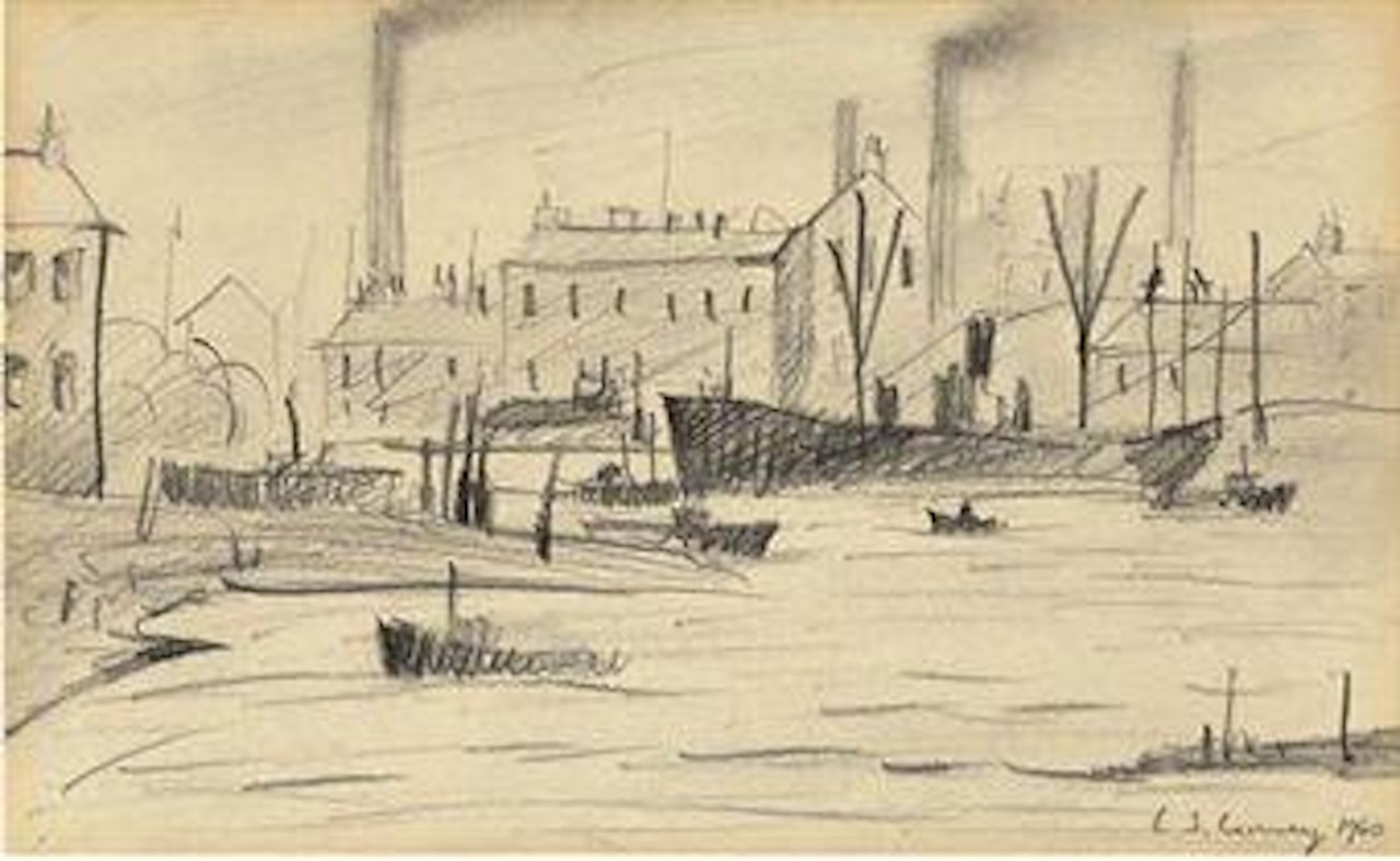 Industrial scene with shipping on the Thames by Laurence Stephen Lowry